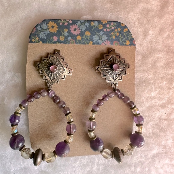 Southwest Inspired Beaded Hoop Amethyst Earrings - Picture 5 of 8